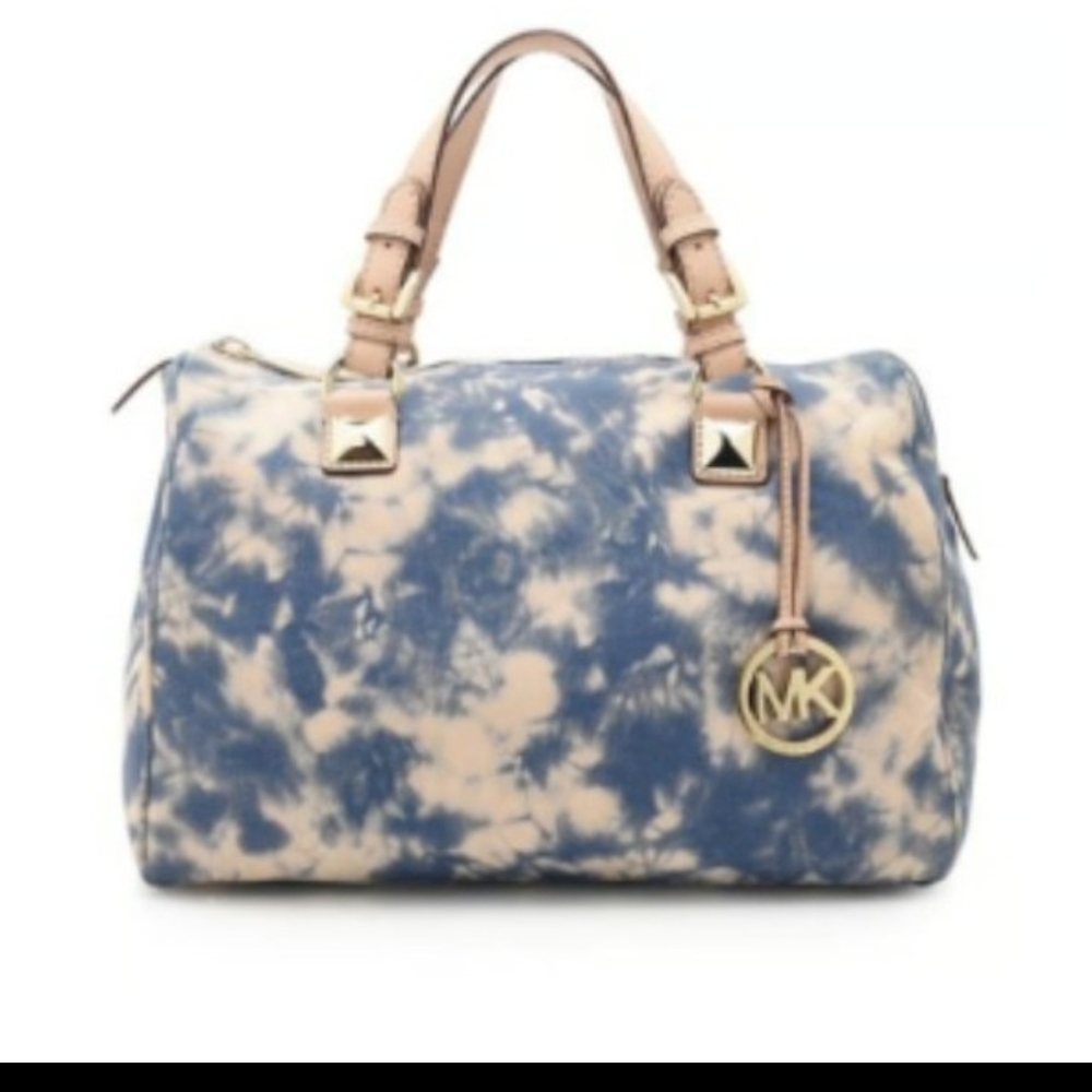Michael Kors Grayson Satchel Handbag Womens Blue & Beige Tie Dye Leather Zipper